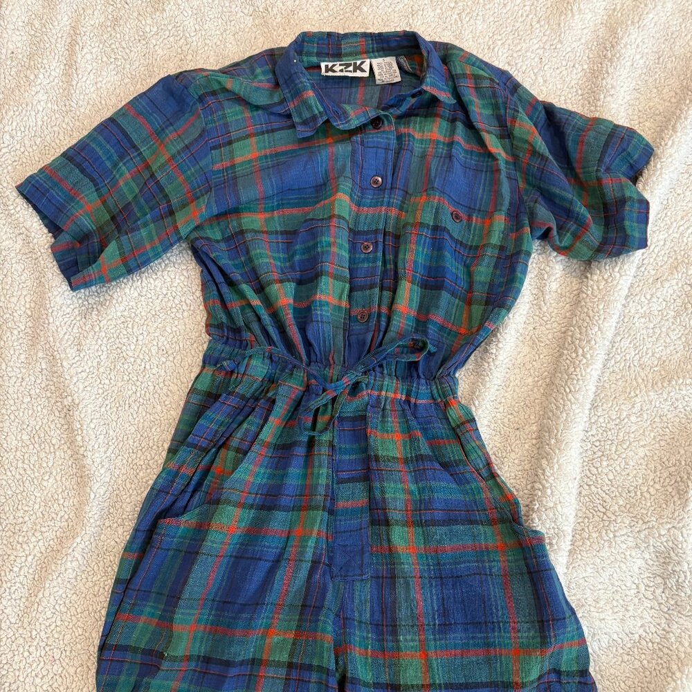Blue Tartan Cotton Romper – Size S – Vintage Vibe